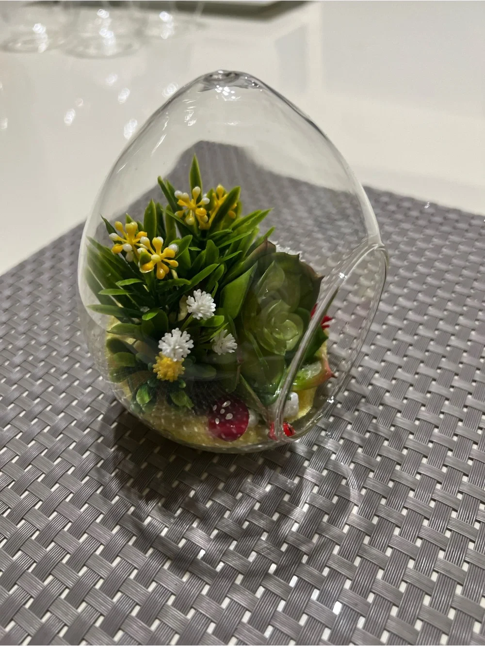 Glass Hanging Terrarium with Green Succulent and Yellow Blooms